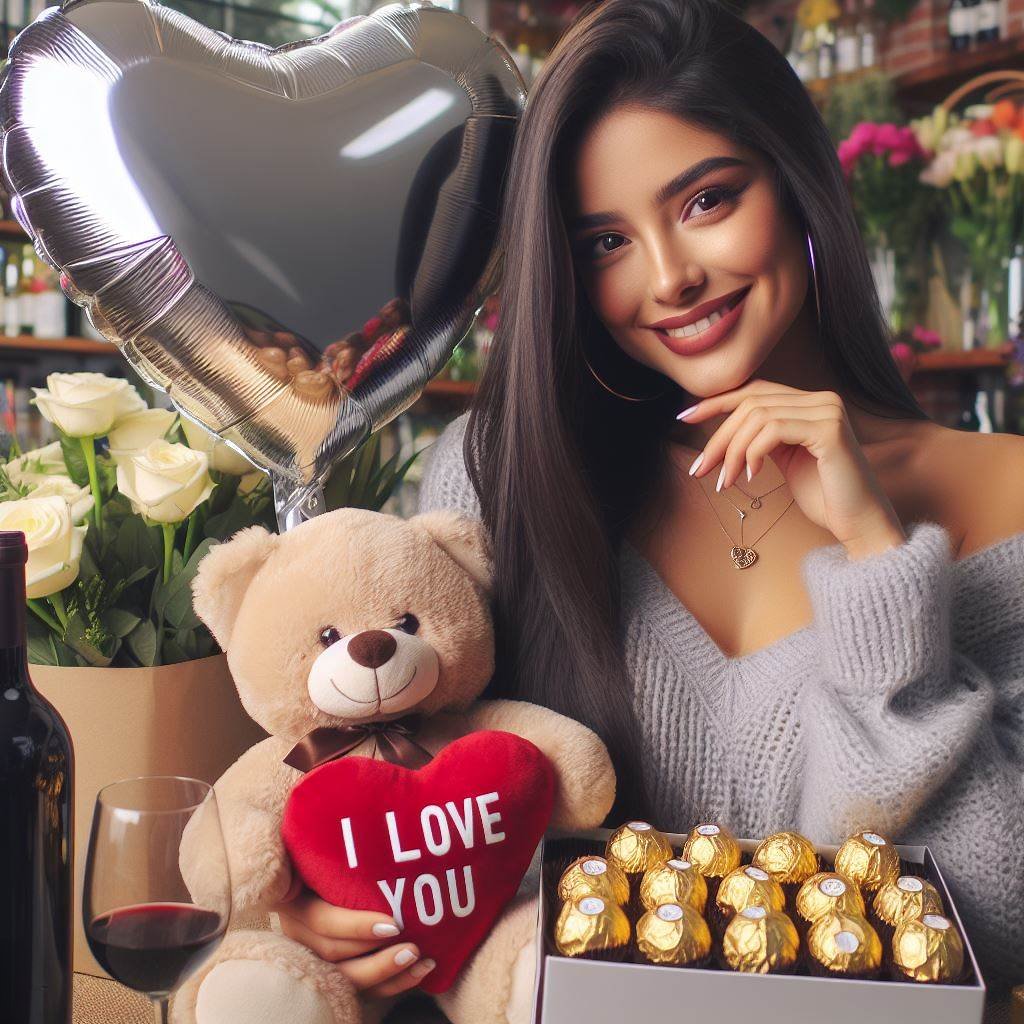 mujer feliz con regalos globos, peluche, chocolates y vino 