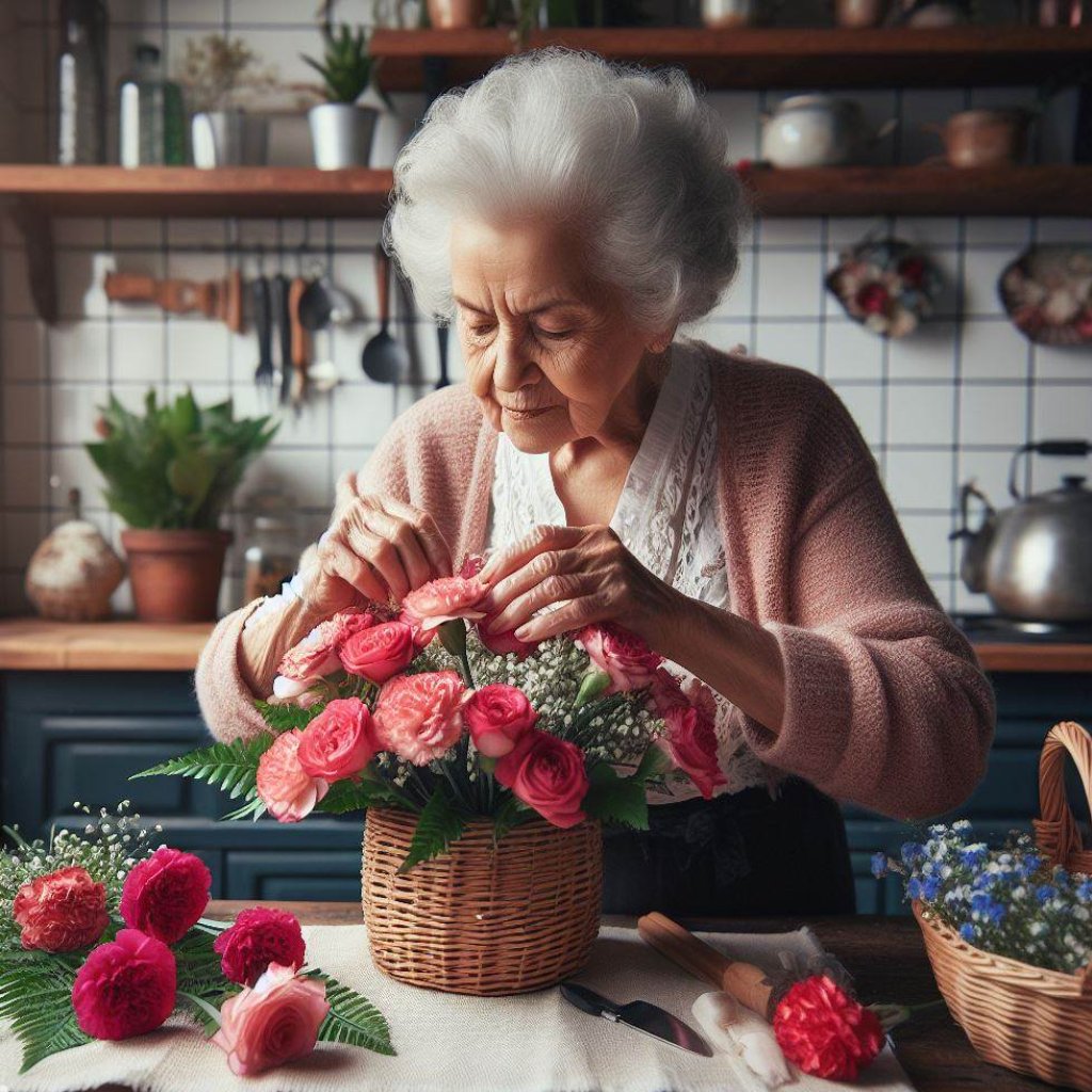 anciana ama de casa arreglando una canasta de flores para su casa
