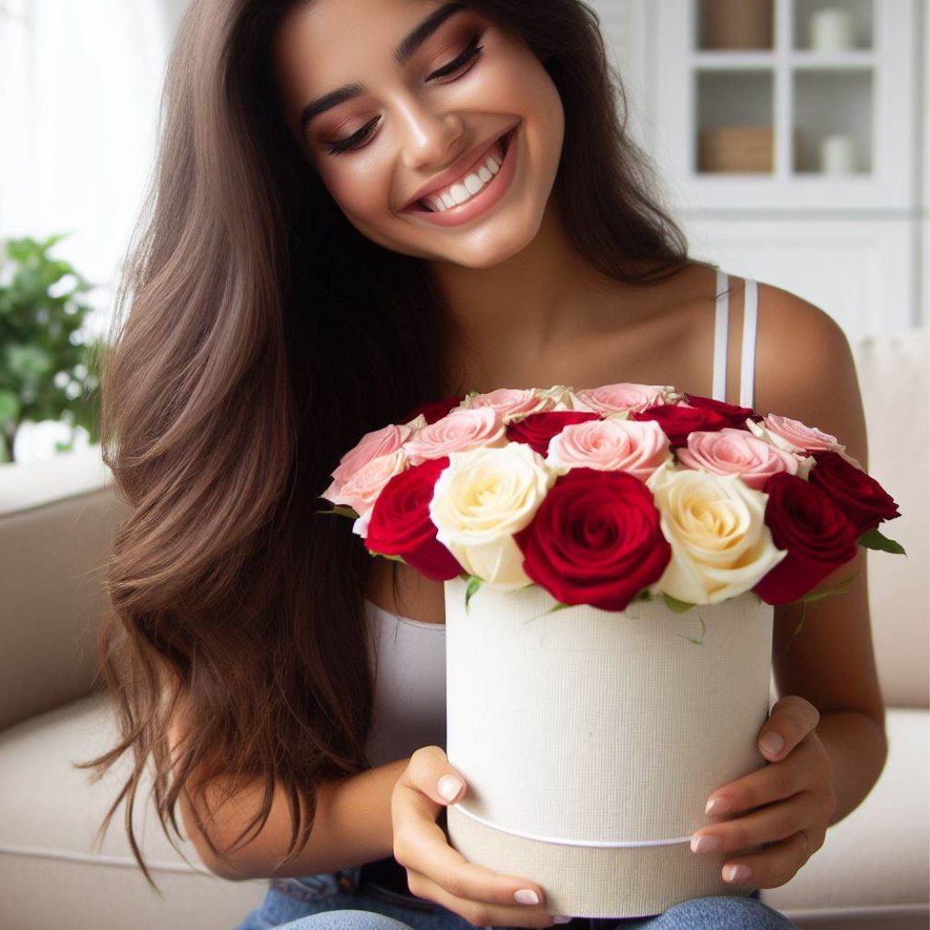 mujer con caja de rosas rojas, blancas y rosadas